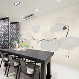 手绘素色淡雅新中式墙纸壁画 抽象莲花鱼书房客厅电视背景墙壁纸