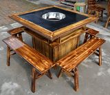 厂家直销碳化复古实木箱式大理石火锅桌组合电磁炉燃气灶自助餐桌