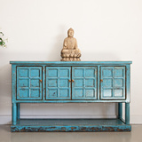 古朴年代实木家具新中式古典玄关柜彩漆复古做旧蓝色柜子餐边柜