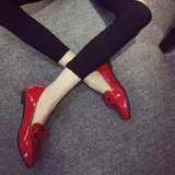 2016春季新款平底尖头女式小皮鞋黑色平跟鞋浅口蝴蝶结大红色女鞋