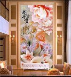 客厅现代中式瓷砖背景墙玄关过道走廊3D玉石雕刻壁画   花开富贵