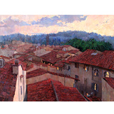 著名风景油画(10) 红色房屋小镇 绿树环绕 蓝天白云装饰挂画50-39