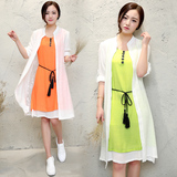 2016春夏韩版女装民族风修身棉麻披肩两件套长袖连衣裙套装裙长裙
