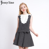 jessy line2016夏装新款 杰茜莱百搭黑白格子显瘦拼接衬衫 女衬衣