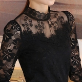 2016春夏新款韩版修身大码立领网纱蕾丝打底衫女长袖t恤女士上衣