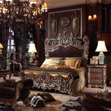 别墅美式实木床 欧式真皮床雕花婚床1.8米双人床银箔皮艺定制床
