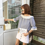韩版夏季新款宽松条纹喇叭袖衬衣女 韩范百搭显瘦短袖衬衫上衣潮