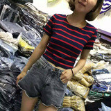 2016年夏女短袖针织弹力修身超短款露脐条纹T恤小衫潮品百搭上衣