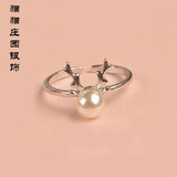 S925纯银麋鹿珍珠戒指女 可爱日韩开口食指尾戒 个性银饰生日礼物