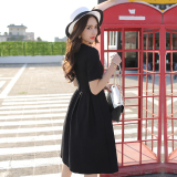 夏装新款韩版大码修身高腰长裙女赫本小黑裙中长款短袖黑色连衣裙