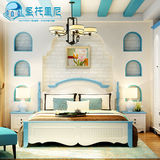 地中海蓝色风格实木床现代简约田园乡村双人床美式卧室储物高箱床