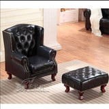 美式实木软包皮艺单人沙发椅 欧式真皮椅组合 客厅休闲椅脚凳家具