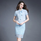珈妮夏季新款短袖蕾丝衫半裙蝴蝶结包臀裙气质时尚套装两件套装