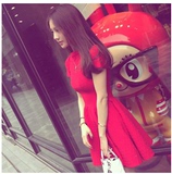 韩版2016夏季新款女装明星同款红色冰丝针织连衣裙修身中裙a字裙