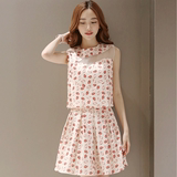 韩国套装裙夏季背心两件套网纱拼接连衣裙女a型修身印花显瘦短裙