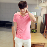 夏季男装纯色v领短袖男修身T恤粉色鸡心领大码体恤男生简约打底衫