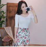 夏季韩版深V领纯色中袖冰丝针织衫短款五分袖套头修身打底衫t恤女