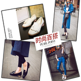 2016韩版新款英伦女鞋真皮复古小皮鞋圆头粗跟中跟漆皮套脚小黑鞋