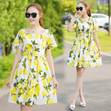 2016夏季新款女装韩版柠檬印花修身短袖中长款时尚连衣裙A字裙潮