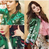 2016春季杨幂微博明星同款绿色刺绣绸缎棒球服飞行员夹克短外套女