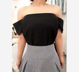2016韩国东大门代购夏季女装新款女人味纯色一字领露肩短袖衬衫