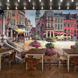 欧洲小镇3D立体壁纸咖啡馆西餐厅奶茶店墙纸欧式油画城市壁画墙布