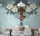 3d创意婚房背景墙纸艺术美式复古壁纸卧室客厅大型定制壁画鹿语