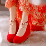 秋季坡跟孕妇结婚鞋超高跟一字扣单鞋红色新娘鞋婚礼红鞋新款女鞋