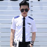 夏季短袖衬衫韩版白色海军风制服男士寸衫修身款青年百搭休闲衬衣