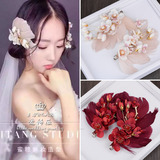 韩式手工花朵羽毛头饰白色红色新娘饰品结婚礼服配饰发夹边夹发饰