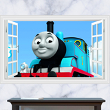 微笑托马斯小火车 3D立体窗户儿童背景卧室壁画卡通壁纸墙贴B282