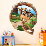 3D立体卡通破墙窗口  眼镜长颈鹿动物园农场创意墙贴壁画贴纸B409