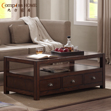 美式茶几实木长方形整装橡木带抽屉储物咖啡桌简约小户型客厅家具