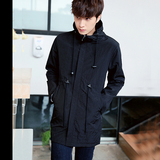 男士风衣中长款修身外套纯色韩版秋冬季学生外穿长袖潮流连帽上衣