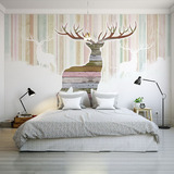 北欧简约壁纸 创意艺术美式复古墙纸 电视墙卧室床头大型壁画麋鹿