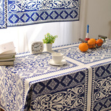 小清新新古典复古青花瓷棉麻桌布 日式清新蓝白印花餐桌拍照背景