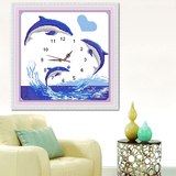 蒙娜丽莎新款钟表小幅印花十字绣客厅卧室挂钟面线绣表钟海豚恋人