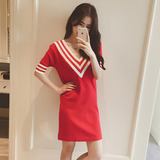 2016夏季新款女装条纹深V领大红色海军风修身针织连衣裙小红裙