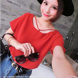 2016夏天纯色圆领宽松雪纺女上衣短袖韩版新款大红色T恤短款女装