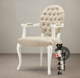 定制欧式复古实木椅做旧棉麻拉扣餐椅时尚简约单人座椅美式扶手椅