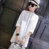 白衬衫女2016春夏新款韩版女装流苏立领大码棉衬衣长款中袖七分袖