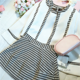 kiki家—甜美可爱韩国黑白格子镶边提花格子短裙+外套三件套装