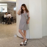 韩国chic学院风 夏季新款复古超美腻格子背带裙中长款 连衣裙女