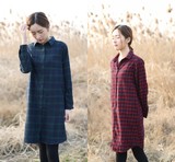 2016春款韩版法兰绒中长款纯棉格子衬衫女长袖修身磨毛衬衣
