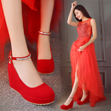 2016新款高跟结婚鞋子红色婚鞋女中跟新娘鞋坡跟孕妇婚礼鞋红鞋子