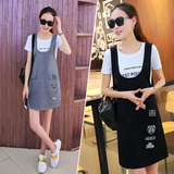 蘑菇街女装2016夏装新款韩范显瘦短袖T恤 背带裙时尚两件套装裙潮