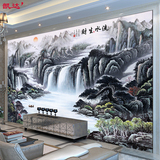 中式山水风景3D水墨国画流水生财大型壁画壁纸客厅沙发背景墙纸
