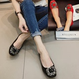 香港代购2016新款方扣水钻浅口漆皮单鞋方头平跟平底大码时尚女鞋