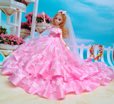 新款大拖尾裙摆婚纱公主真眼芭比娃娃礼盒套装新娘女孩儿童玩具