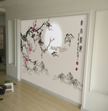 定制客厅中式电视背景墙壁纸墙纸国画工笔花鸟素描淡雅大型壁画